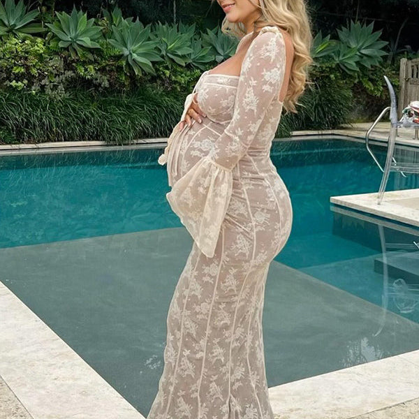 Momsmood White Lace Corset Square Neck Flare Sleeve Off Shoulder Bodycon Maternity Maxi Dress/Gown