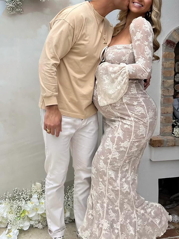 Momsmood White Lace Corset Square Neck Flare Sleeve Off Shoulder Bodycon Maternity Maxi Dress/Gown