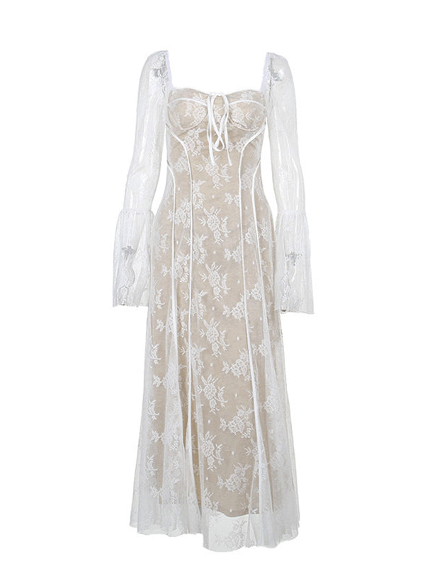 Momsmood White Lace Corset Square Neck Flare Sleeve Off Shoulder Bodycon Maternity Maxi Dress/Gown