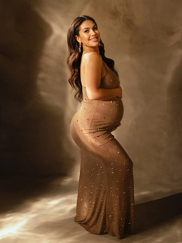 Momsmood Apricot Sheer Rhinestone Diamond Cami Bodycon Fashion Party Club Maternity Photoshoot Baby Shower Maxi Dress