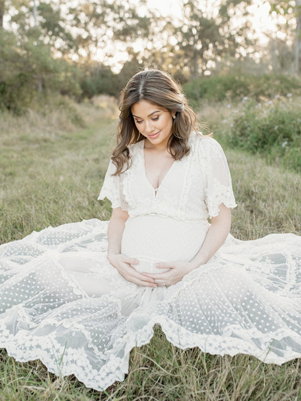 Momsmood Boho Lace White V-Neck Short Sleeve Ruffle Embroidery High Waist Photoshoot Maternity Maxi Dress