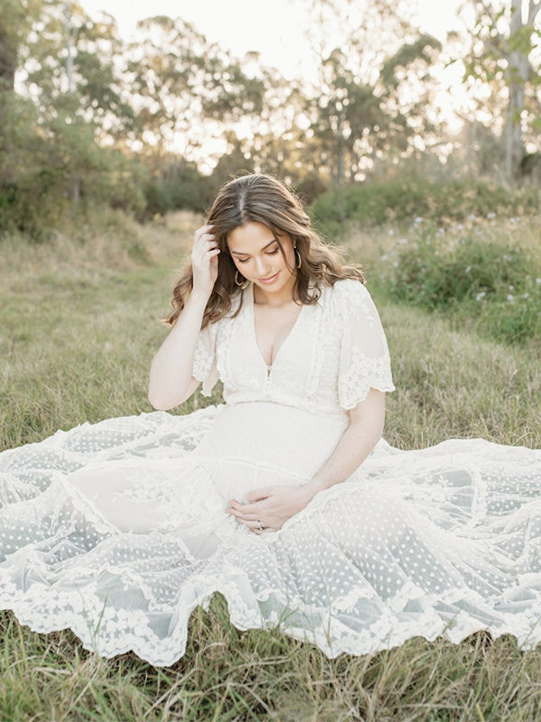 Momsmood Boho Lace White V-Neck Short Sleeve Ruffle Embroidery High Waist Photoshoot Maternity Maxi Dress