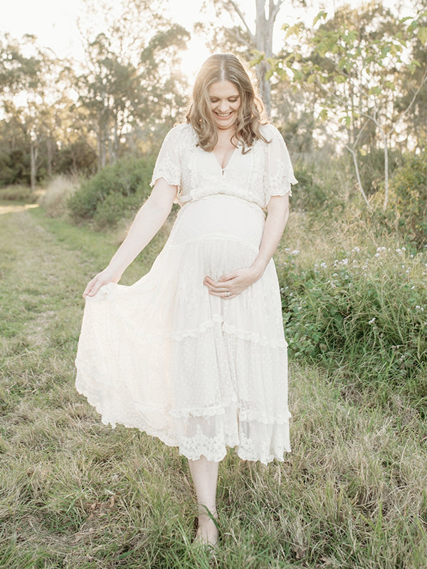Momsmood Boho Lace White V-Neck Short Sleeve Ruffle Embroidery High Waist Photoshoot Maternity Maxi Dress