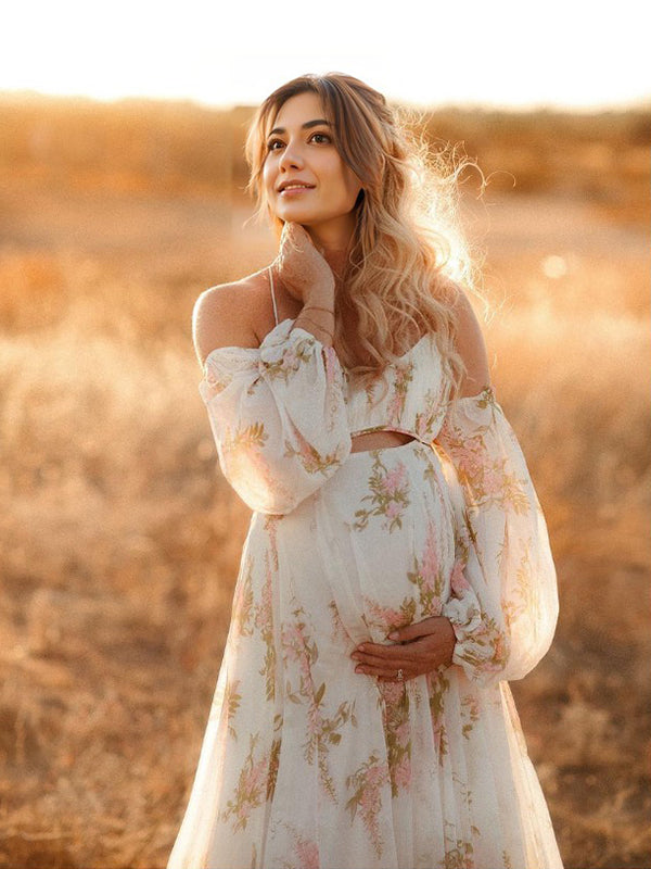 Momsmood White Floral Cut Out Off Shoulder Big Swing Elegant Vacation Maternity Boho Photoshoot Dress