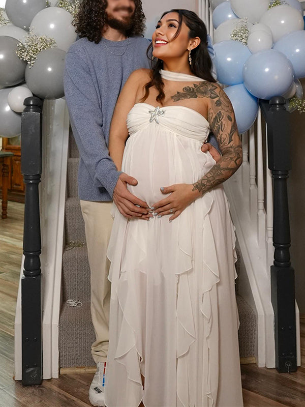 Momsmood White Backless Bandeau Wavy Edge Backless High Waist Baby Shower Maternity Maxi Dress