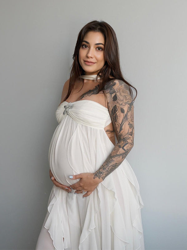 Momsmood White Backless Bandeau Wavy Edge Backless High Waist Baby Shower Maternity Maxi Dress