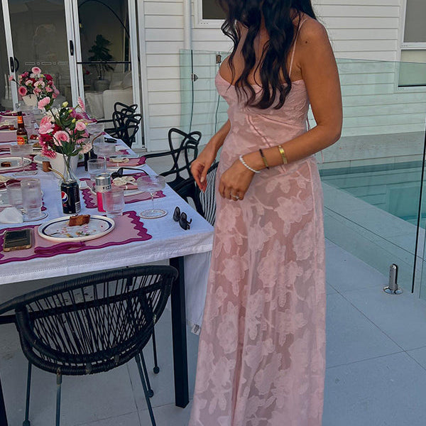 Momsmood Pink Spaghetti Strap Backless Cami Sheer Big Swing Chic Maternity Maxi Dress
