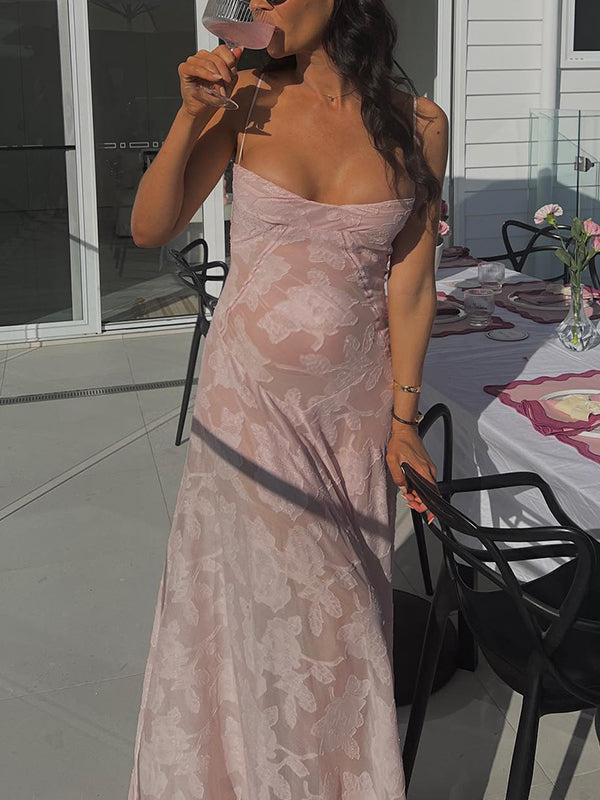 Momsmood Pink Spaghetti Strap Backless Cami Sheer Big Swing Chic Maternity Maxi Dress