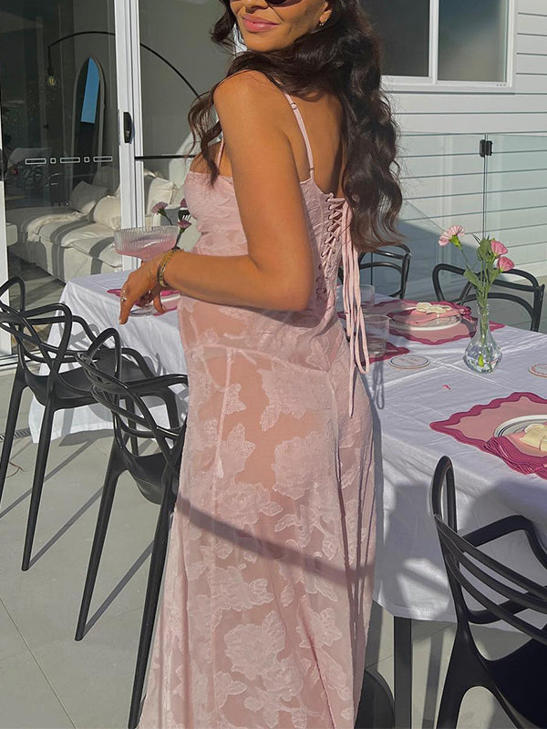 Momsmood Pink Spaghetti Strap Backless Cami Sheer Big Swing Chic Maternity Maxi Dress
