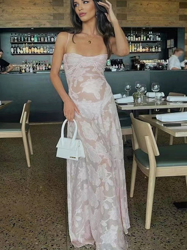Momsmood Pink Spaghetti Strap Backless Cami Sheer Big Swing Chic Maternity Maxi Dress