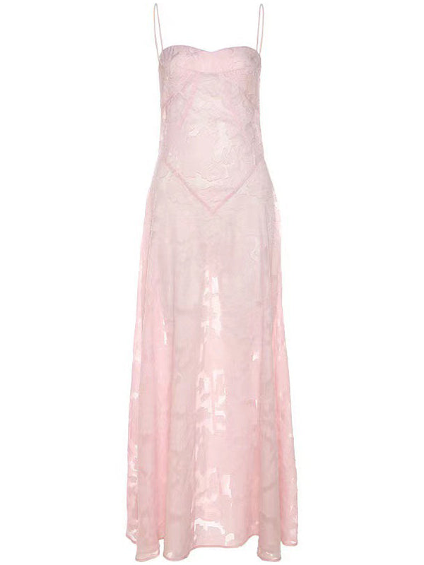 Momsmood Pink Spaghetti Strap Backless Cami Sheer Big Swing Chic Maternity Maxi Dress