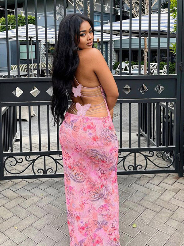 Momsmood Spaghetti Strap Backless Cami Printing Butterfly Bodycon Chic Maternity Maxi Dress