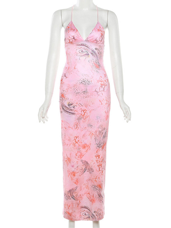 Momsmood Spaghetti Strap Backless Cami Printing Butterfly Bodycon Chic Maternity Maxi Dress