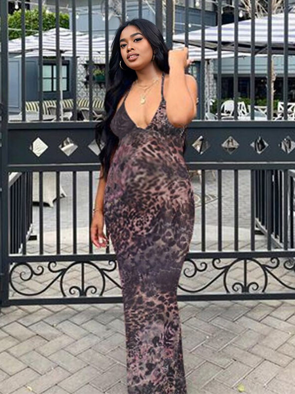 Momsmood Spaghetti Strap Backless Cami Printing Butterfly Bodycon Chic Maternity Maxi Dress