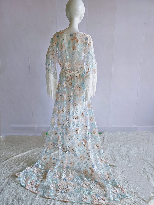 Momsmood Boho Lace Splicing Tassel Embroidery V-Neck Flare Sleeve Sheer Photoshoot Maternity Maxi Dress