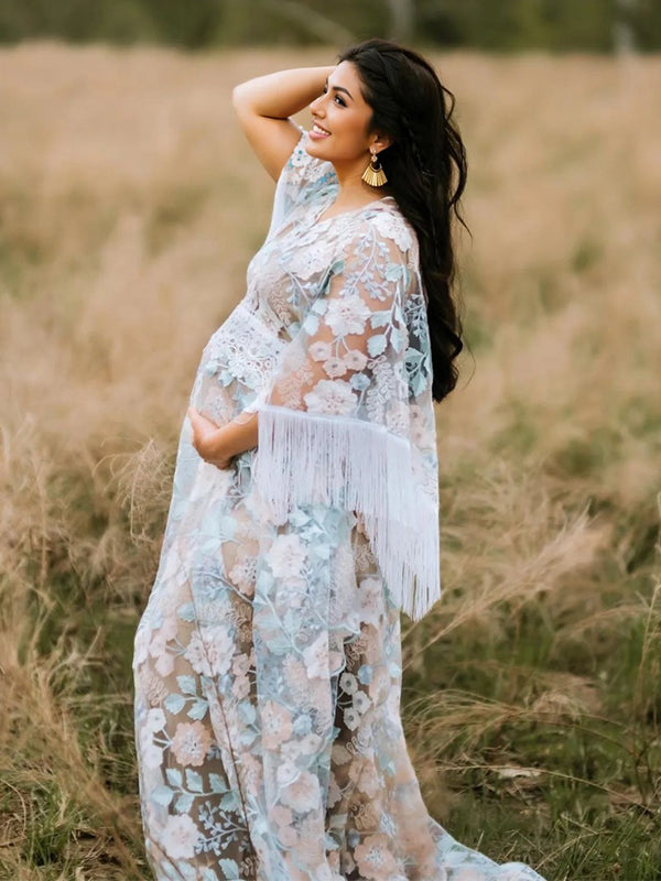 Momsmood Boho Lace Splicing Tassel Embroidery V-Neck Flare Sleeve Sheer Photoshoot Maternity Maxi Dress