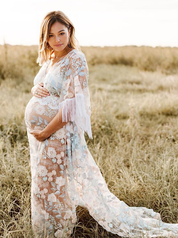 Momsmood Boho Lace Splicing Tassel Embroidery V-Neck Flare Sleeve Sheer Photoshoot Maternity Maxi Dress
