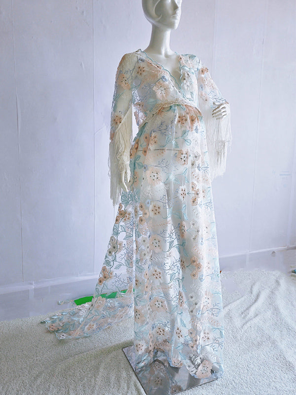 Momsmood Boho Lace Splicing Tassel Embroidery V-Neck Flare Sleeve Sheer Photoshoot Maternity Maxi Dress