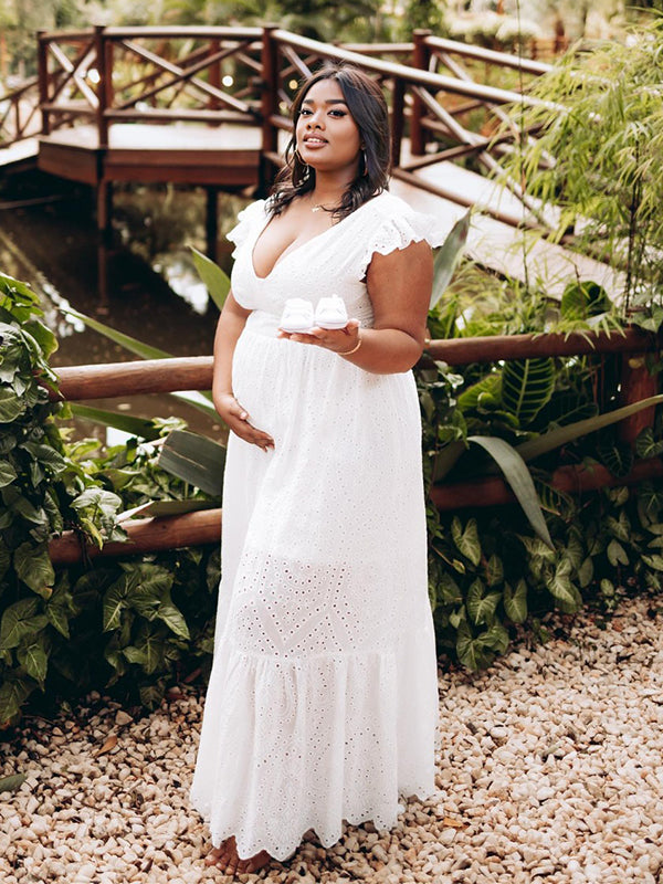 Momsmood White Hollow Tie Back Backless V-Neck Ruffle Cap Sleeve Boho Photoshoot Maternity Maxi Dress