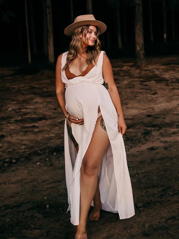 Momsmood White High Split Bandage V-Neck Boho Photoshoot Maternity Maxi Dress