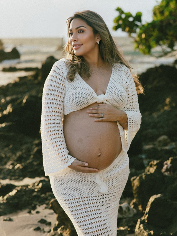 crochet dress for pregnant women HATCH Collection The Elodie Crochet Dress in Vanilla with Black Trim