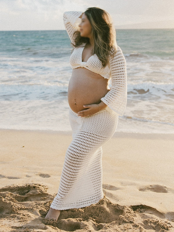 Momsmood White Tie Front Crop V-Neck Crochet Beach Vacation Photoshoot Maternity Maxi Dress