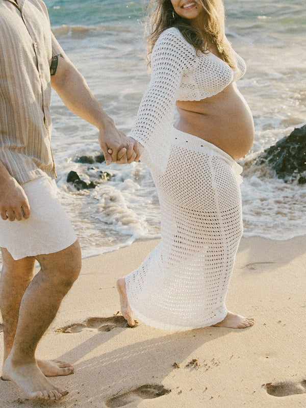Momsmood White Tie Front Crop V-Neck Crochet Beach Vacation Photoshoot Maternity Maxi Dress