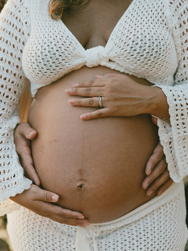 Momsmood White Tie Front Crop V-Neck Crochet Beach Vacation Photoshoot Maternity Maxi Dress
