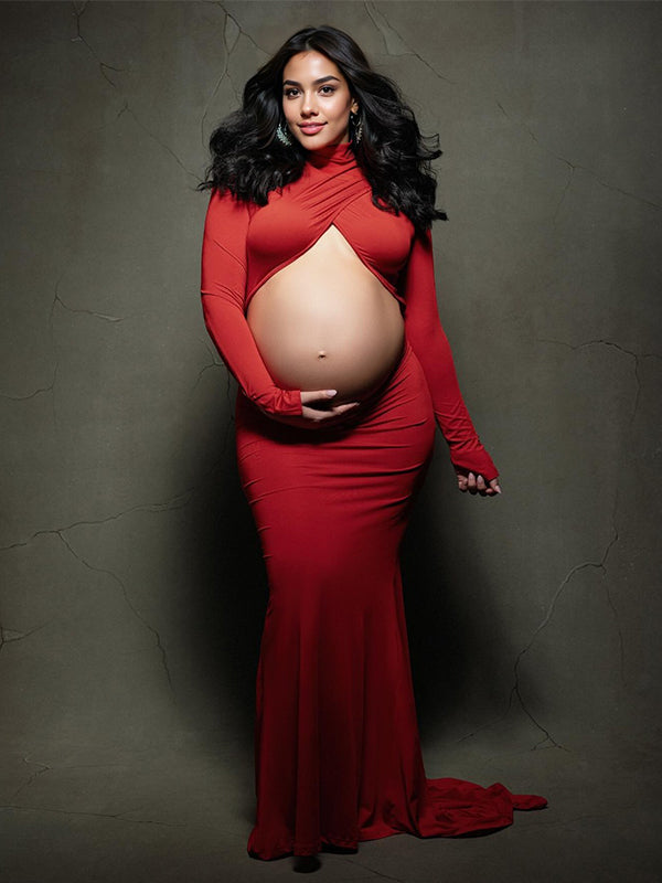 Momsmood Red Cross Front Crop Cut Out Backless Mermaid Bodycon Photoshoot Maternity Maxi Dress