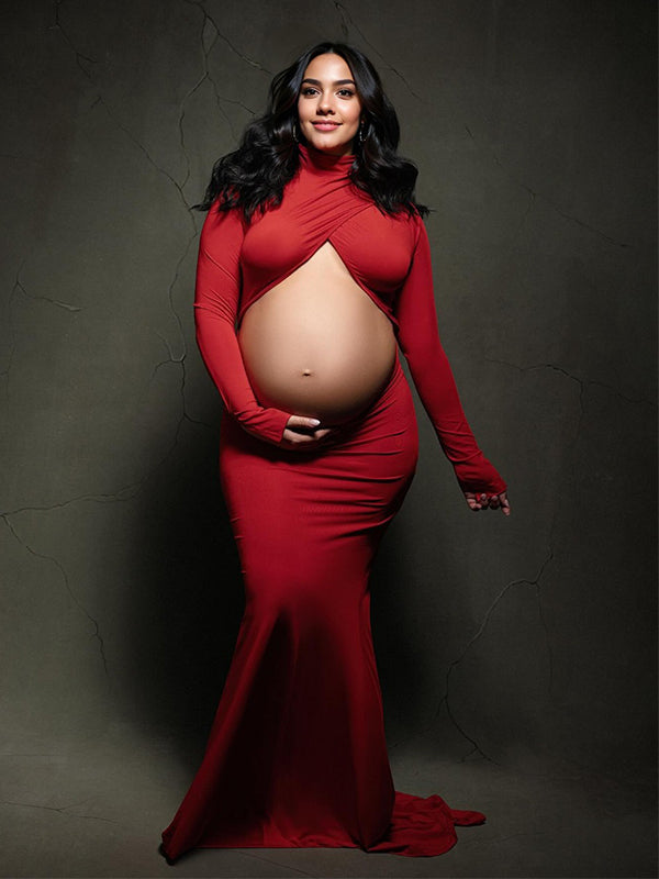 Momsmood Red Cross Front Crop Cut Out Backless Mermaid Bodycon Photoshoot Maternity Maxi Dress