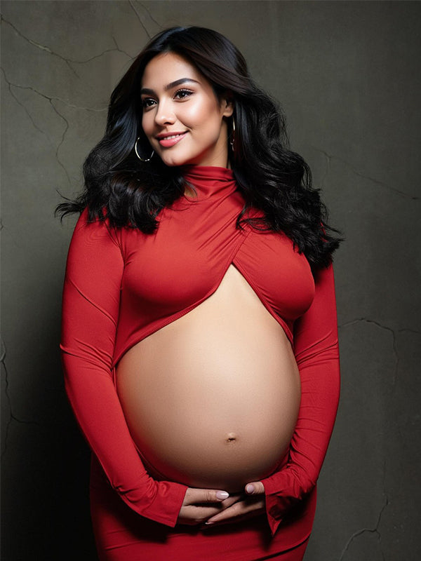 Momsmood Red Cross Front Crop Cut Out Backless Mermaid Bodycon Photoshoot Maternity Maxi Dress