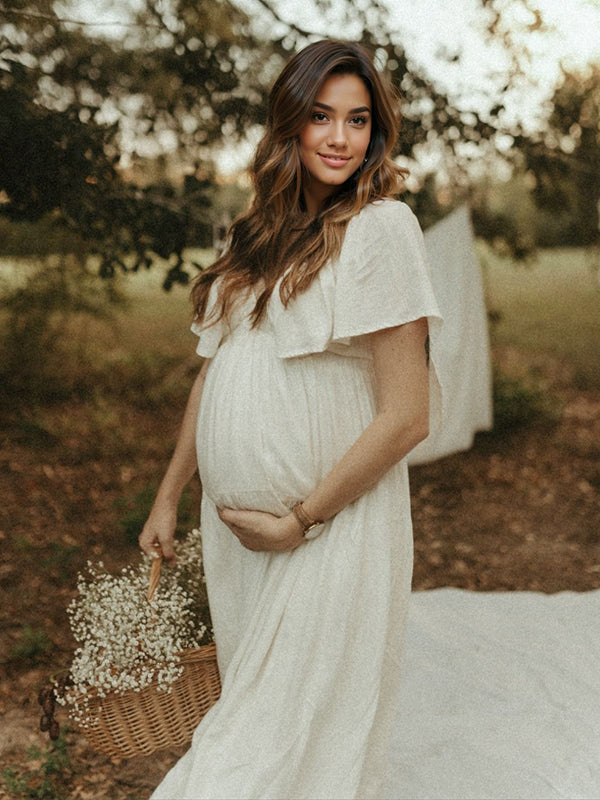 Momsmood Boho Solid Color V-Neck Backless Flare Sleeve High Waist Photoshoot Maternity Maxi Dress