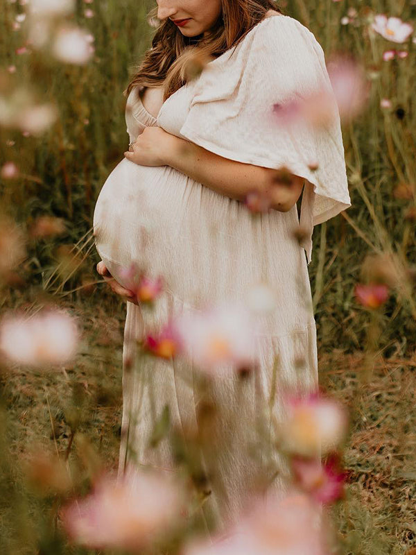 Momsmood Boho Solid Color V-Neck Backless Flare Sleeve High Waist Photoshoot Maternity Maxi Dress