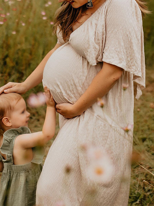 Momsmood Boho Solid Color V-Neck Backless Flare Sleeve High Waist Photoshoot Maternity Maxi Dress
