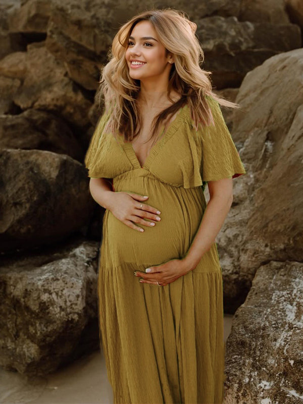 Momsmood Boho Solid Color V-Neck Backless Flare Sleeve High Waist Photoshoot Maternity Maxi Dress