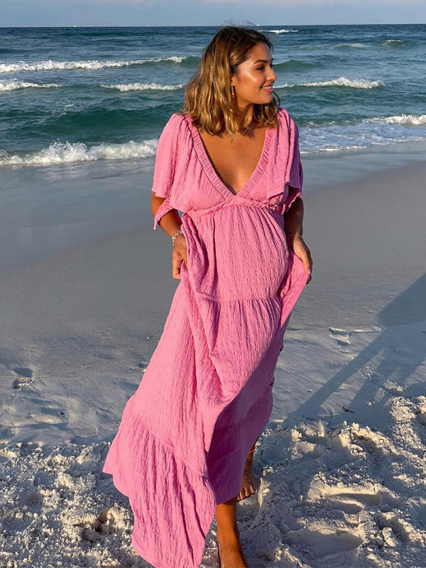 Momsmood Boho Solid Color V-Neck Backless Flare Sleeve High Waist Photoshoot Maternity Maxi Dress