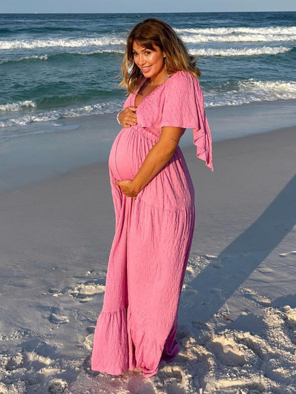 Momsmood Boho Solid Color V-Neck Backless Flare Sleeve High Waist Photoshoot Maternity Maxi Dress