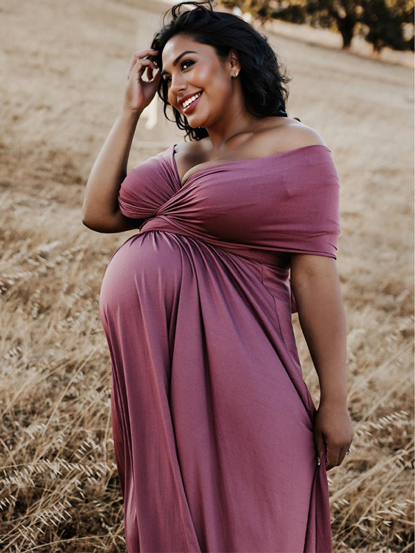 Momsmood Solid Color Backless Tie Back High Waist Photoshoot Maternity Maxi Dress
