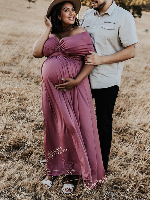 Momsmood Solid Color Backless Tie Back High Waist Photoshoot Maternity Maxi Dress