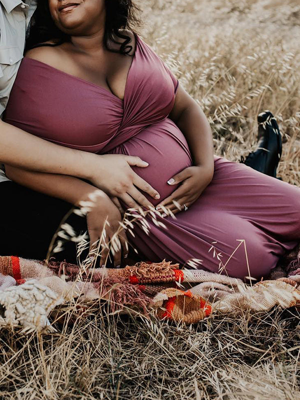 Momsmood Solid Color Backless Tie Back High Waist Photoshoot Maternity Maxi Dress
