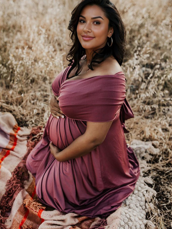 Momsmood Solid Color Backless Tie Back High Waist Photoshoot Maternity Maxi Dress