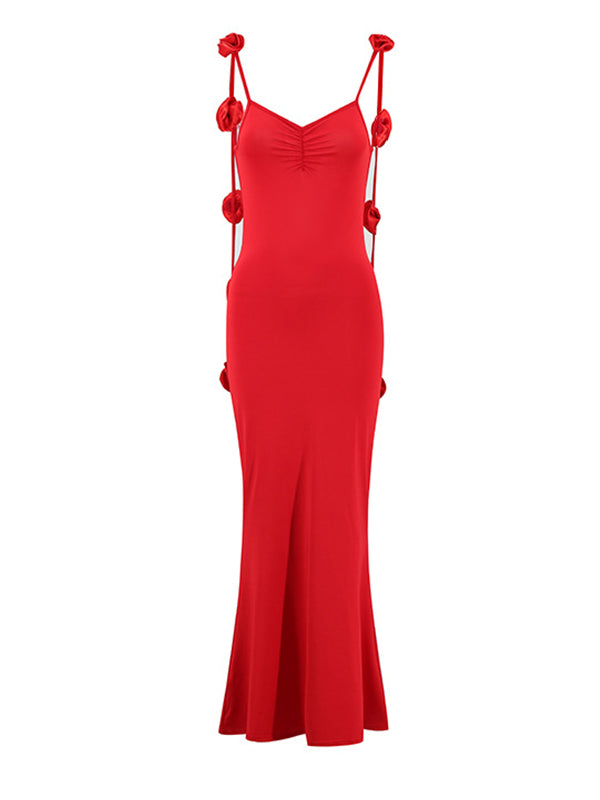 Momsmood Red Backless 3D Flower Cascading Ruffle Spaghetti Strap Cami Mermaid Bodycon Party Photoshoot Maternity Maxi Dress