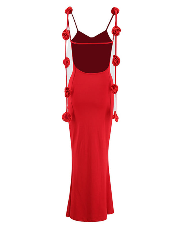 Momsmood Red Backless 3D Flower Cascading Ruffle Spaghetti Strap Cami Mermaid Bodycon Party Photoshoot Maternity Maxi Dress
