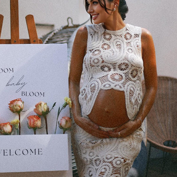Momsmood White Lace Cut Out Crop Hollow Irregular 2-in-1 Babyshower Maternity Maxi Dress