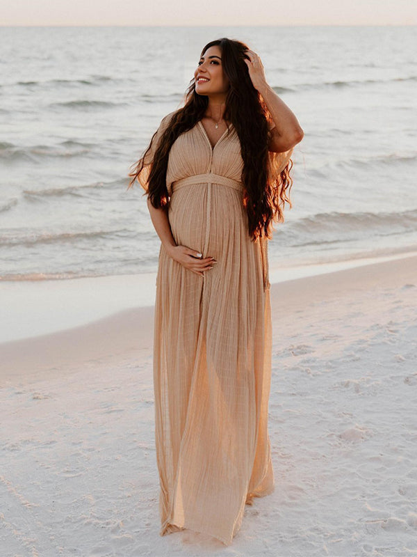 Momsmood V-Neck Linen Cotton Bohemian Backless Thigh High Side Slits Tassel Vacation Photoshoot Maternity Maxi Dress