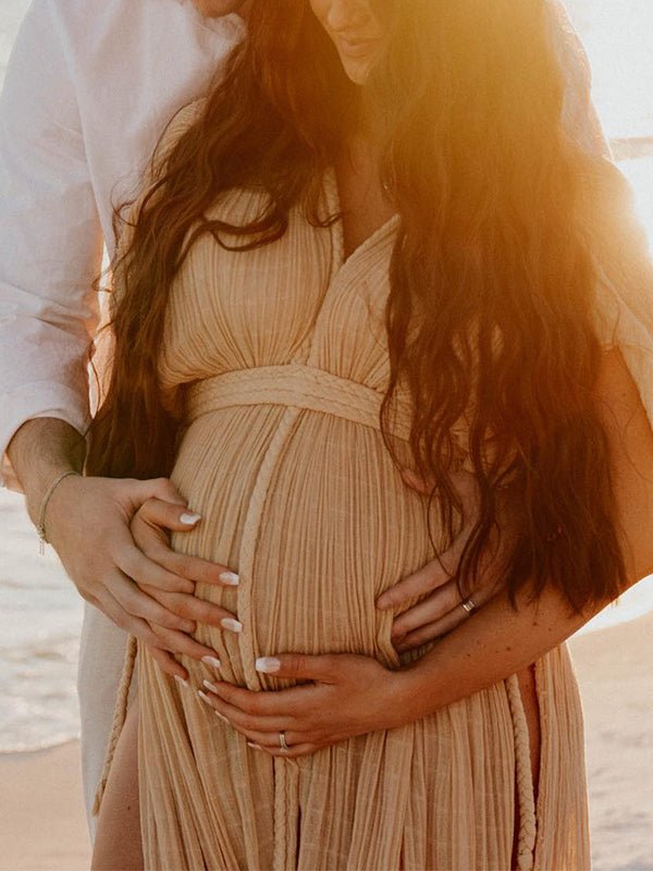 Momsmood V-Neck Linen Cotton Bohemian Backless Thigh High Side Slits Tassel Vacation Photoshoot Maternity Maxi Dress