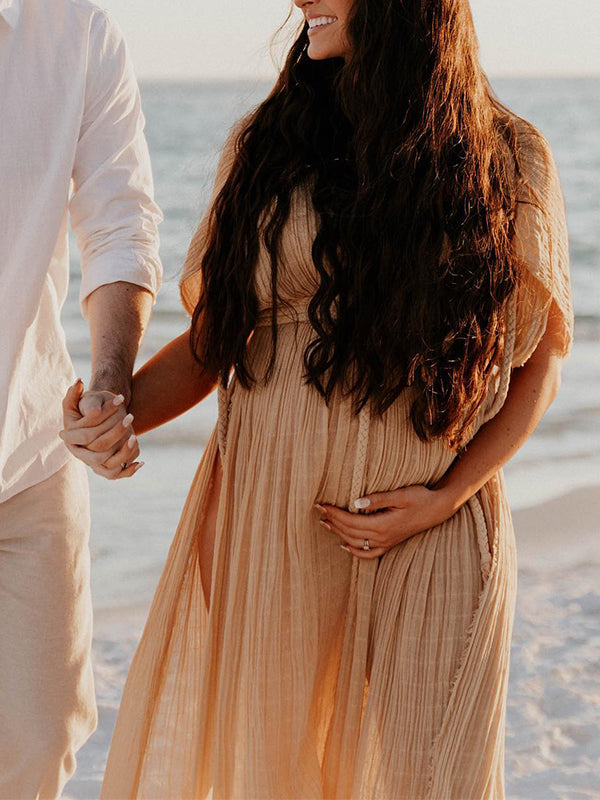 Momsmood V-Neck Linen Cotton Bohemian Backless Thigh High Side Slits Tassel Vacation Photoshoot Maternity Maxi Dress