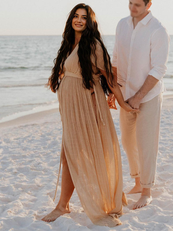 Momsmood V-Neck Linen Cotton Bohemian Backless Thigh High Side Slits Tassel Vacation Photoshoot Maternity Maxi Dress