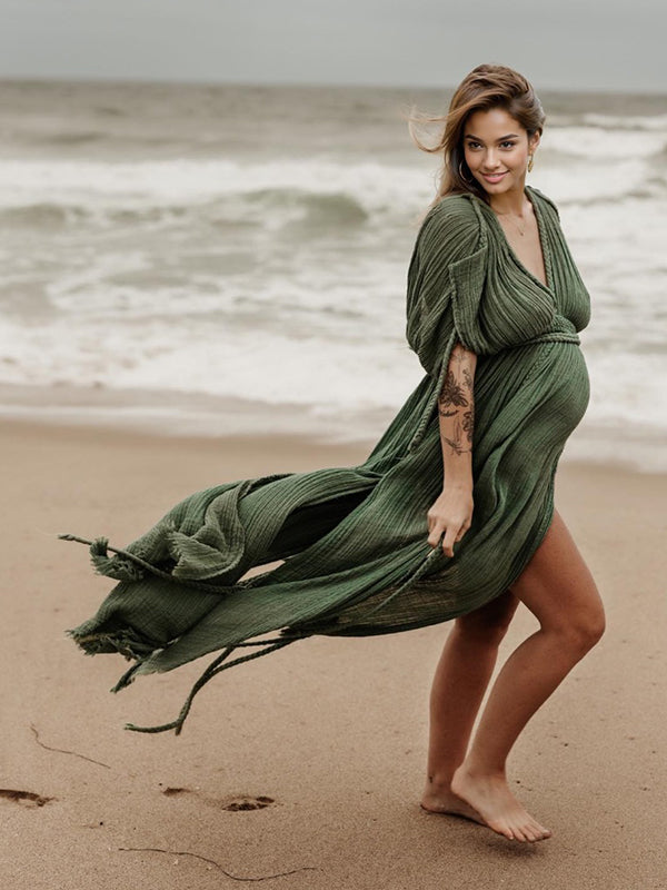 Momsmood V-Neck Linen Cotton Bohemian Backless Thigh High Side Slits Tassel Vacation Photoshoot Maternity Maxi Dress