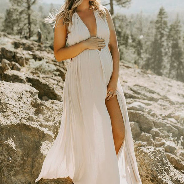 Momsmood Solid Color Cut Out V-Neck Side Slit Backless Tassel Halter Neck Vacation Photoshoot Maternity Maxi Dress